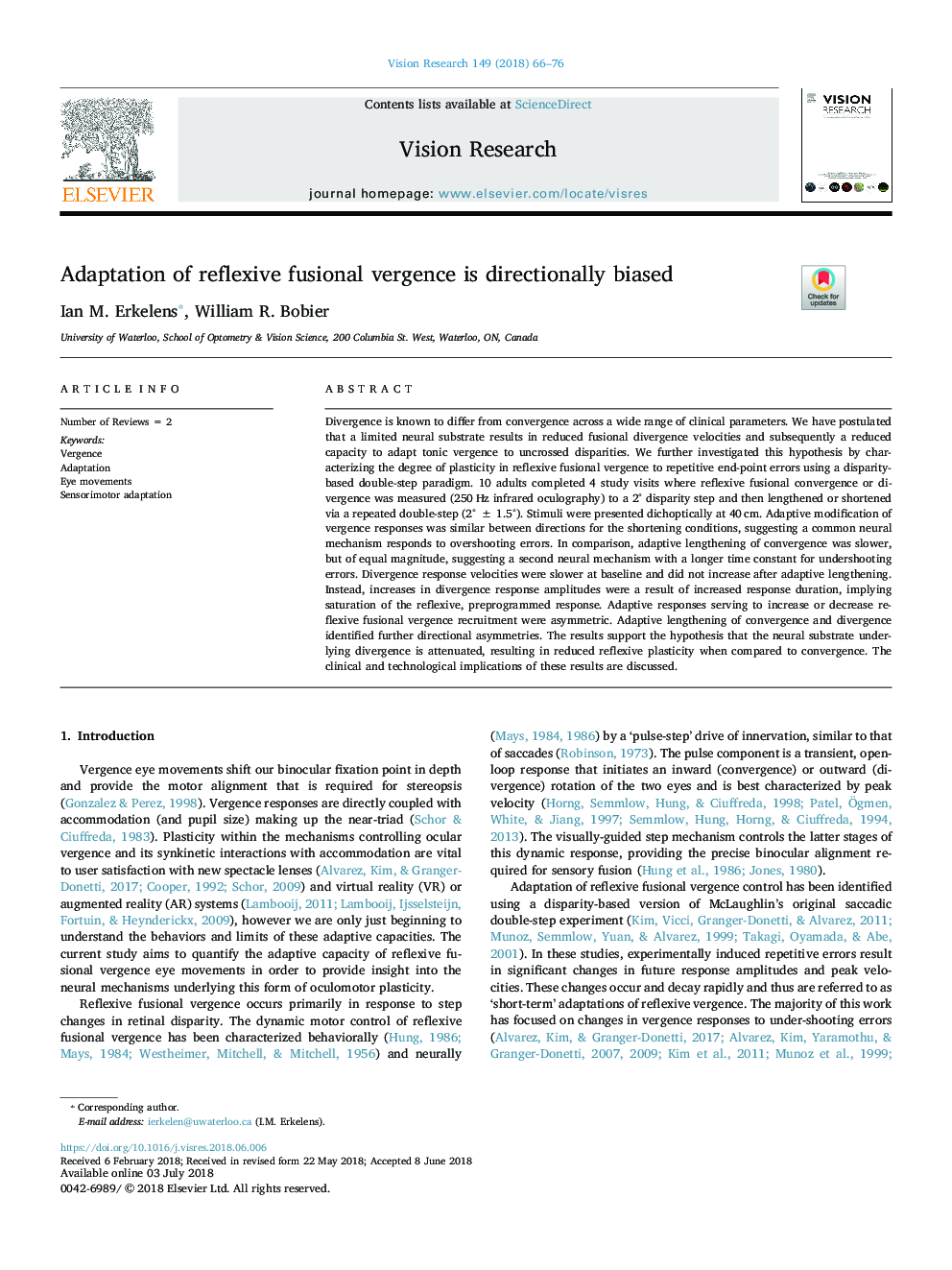 Adaptation of reflexive fusional vergence is directionally biased