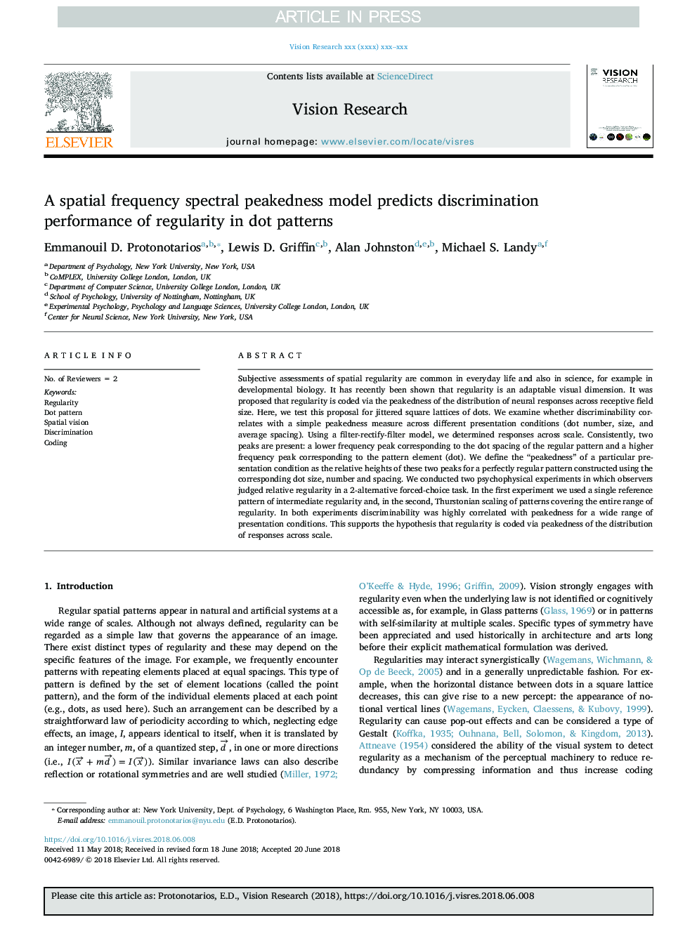 A spatial frequency spectral peakedness model predicts discrimination performance of regularity in dot patterns