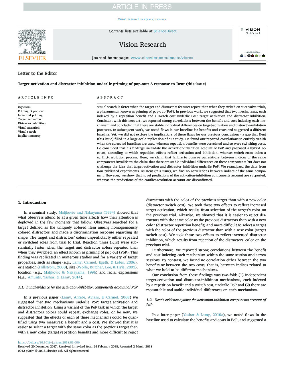 Target activation and distractor inhibition underlie priming of pop-out: A response to Dent (this issue)