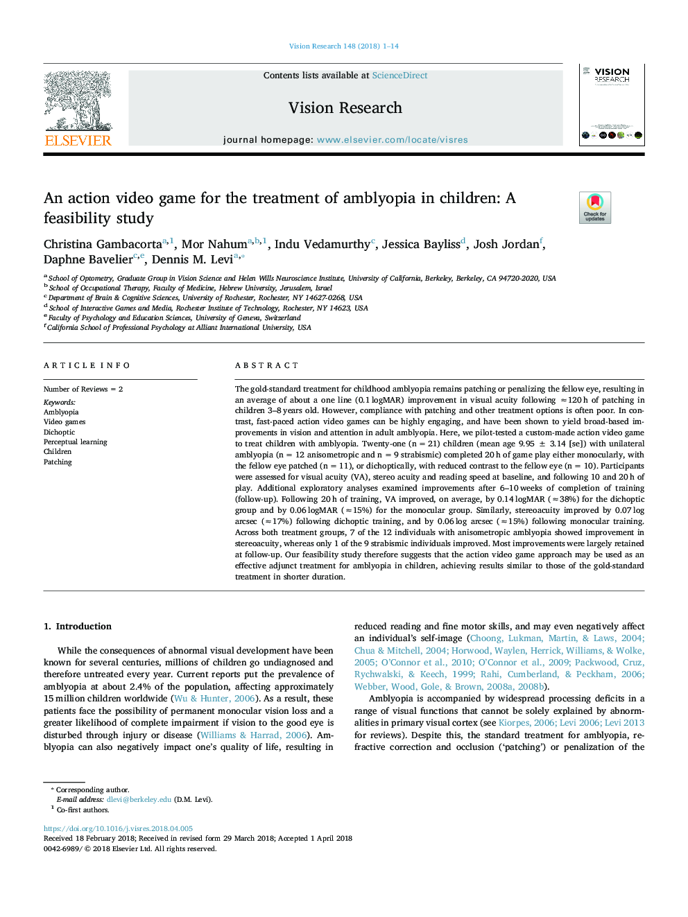 An action video game for the treatment of amblyopia in children: A feasibility study