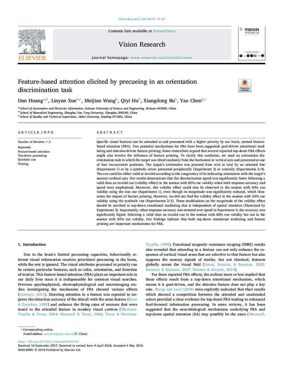 Feature-based attention elicited by precueing in an orientation discrimination task