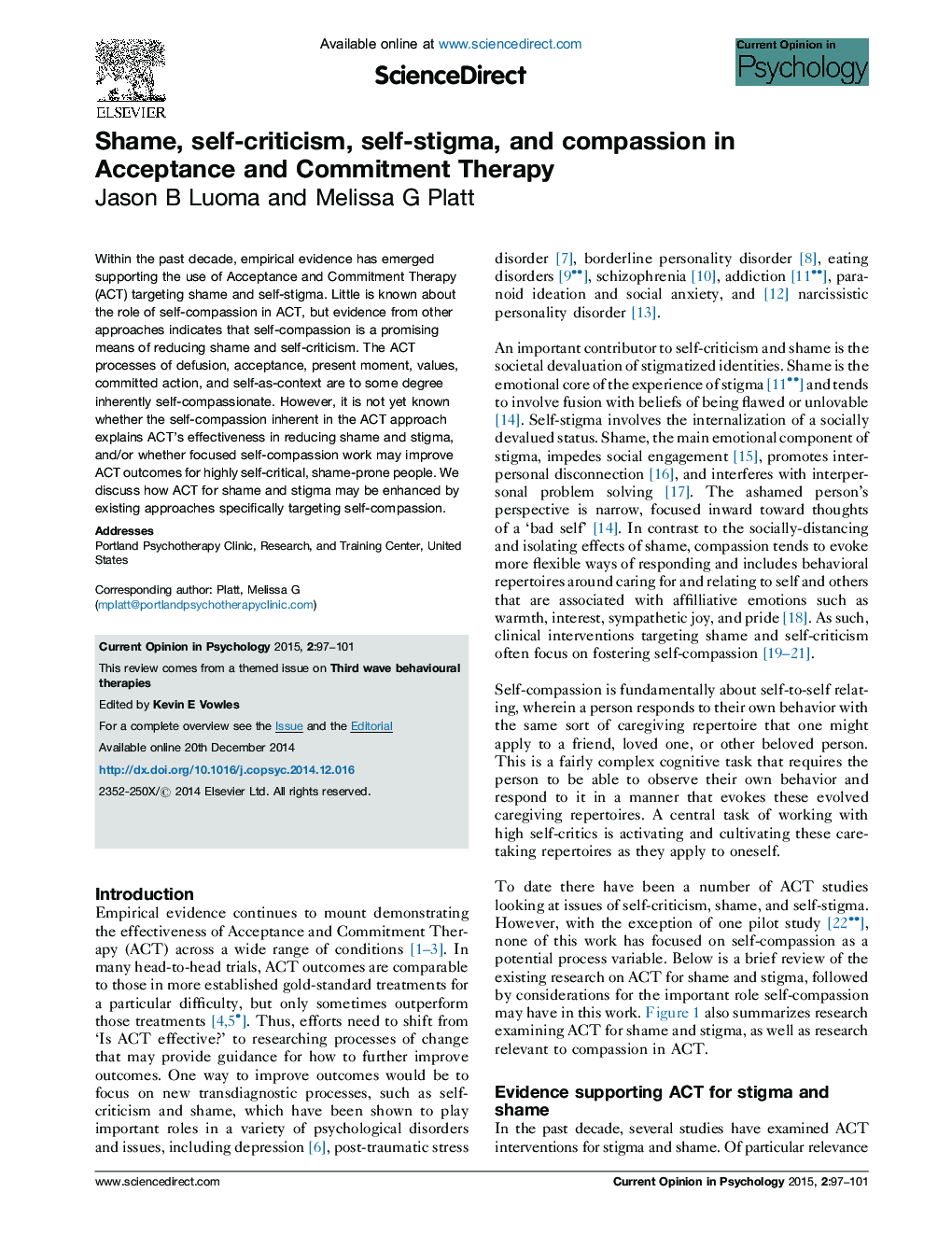Shame, self-criticism, self-stigma, and compassion in Acceptance and Commitment Therapy