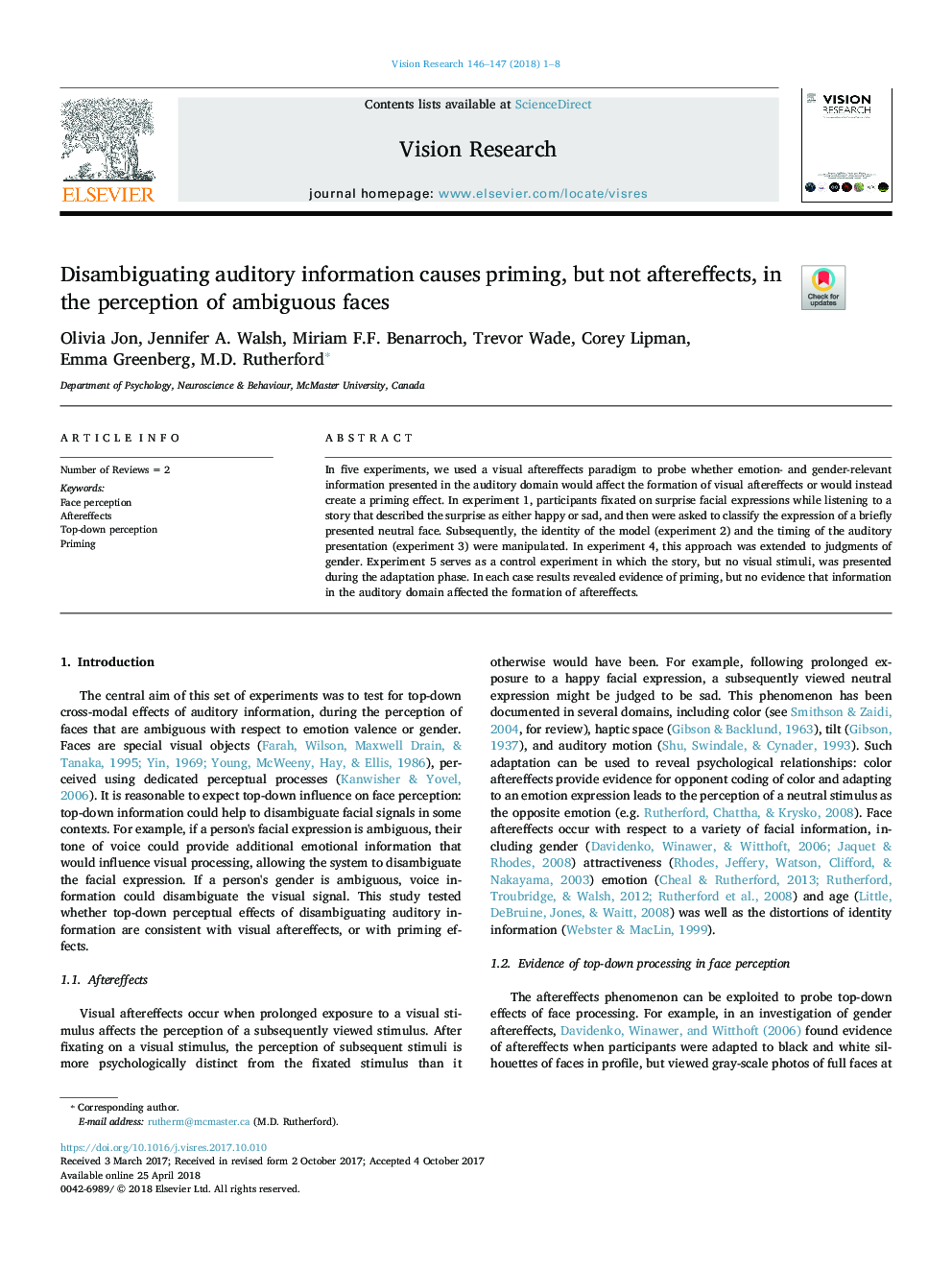 Disambiguating auditory information causes priming, but not aftereffects, in the perception of ambiguous faces