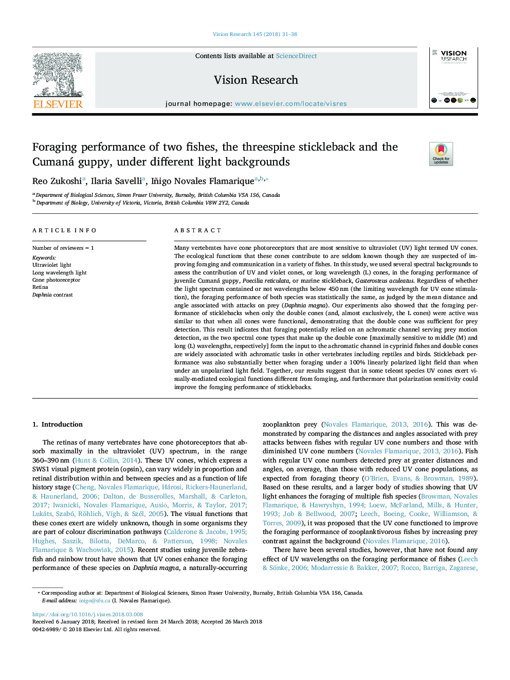 Foraging performance of two fishes, the threespine stickleback and the Cumaná guppy, under different light backgrounds