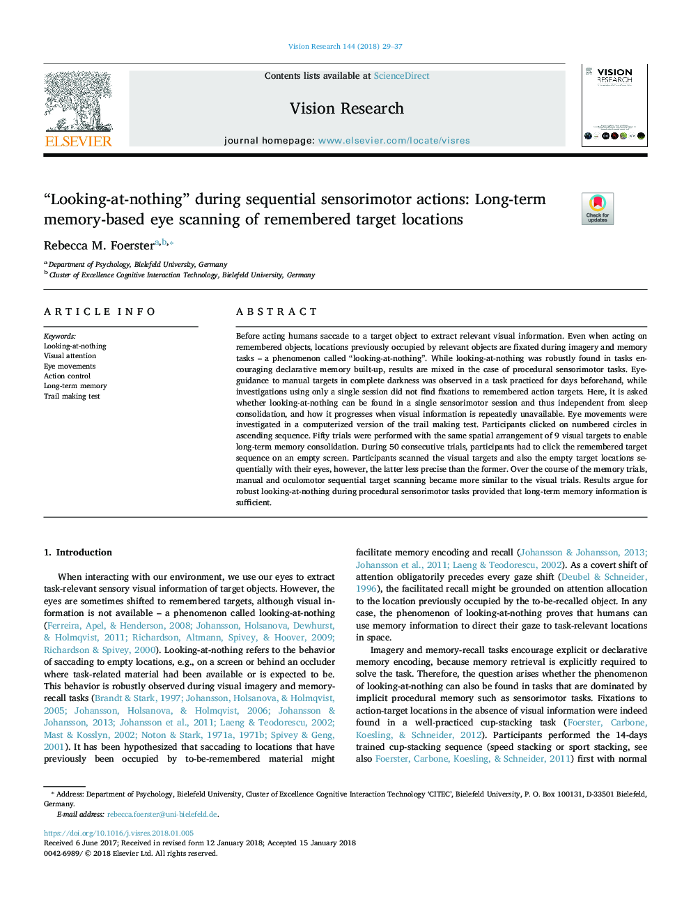 “Looking-at-nothing” during sequential sensorimotor actions: Long-term memory-based eye scanning of remembered target locations