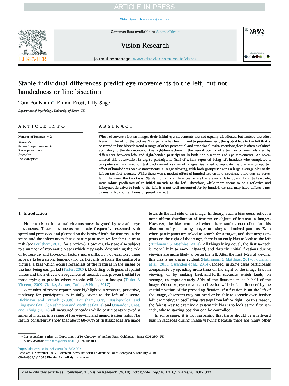 Stable individual differences predict eye movements to the left, but not handedness or line bisection