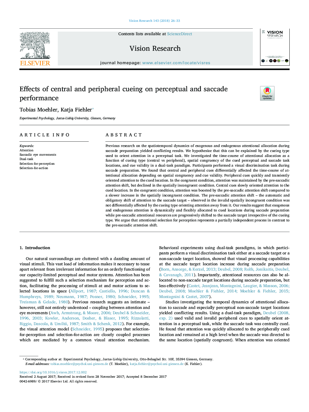 Effects of central and peripheral cueing on perceptual and saccade performance