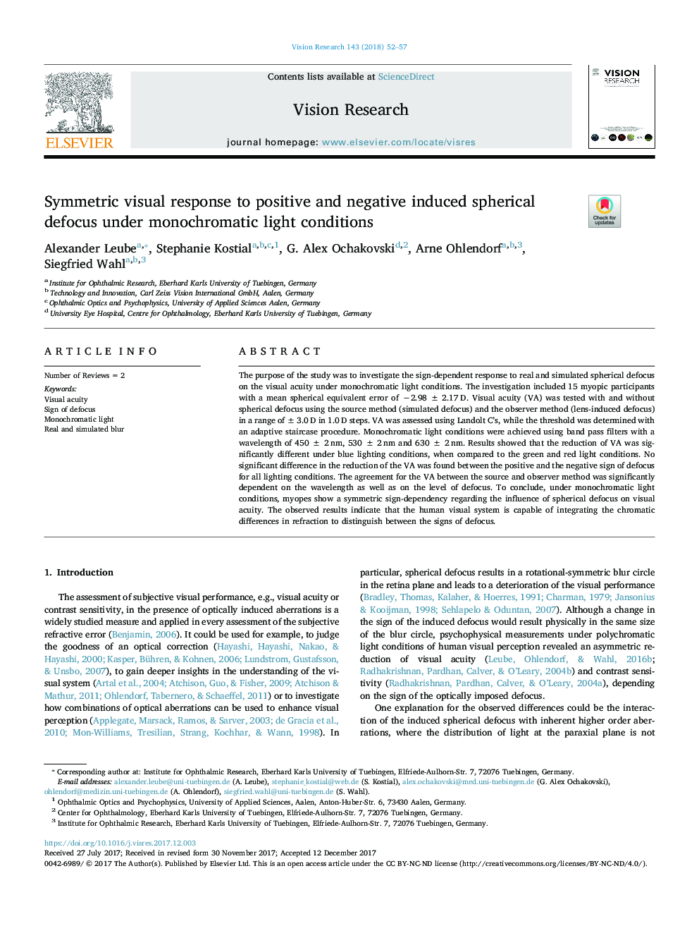 Symmetric visual response to positive and negative induced spherical defocus under monochromatic light conditions