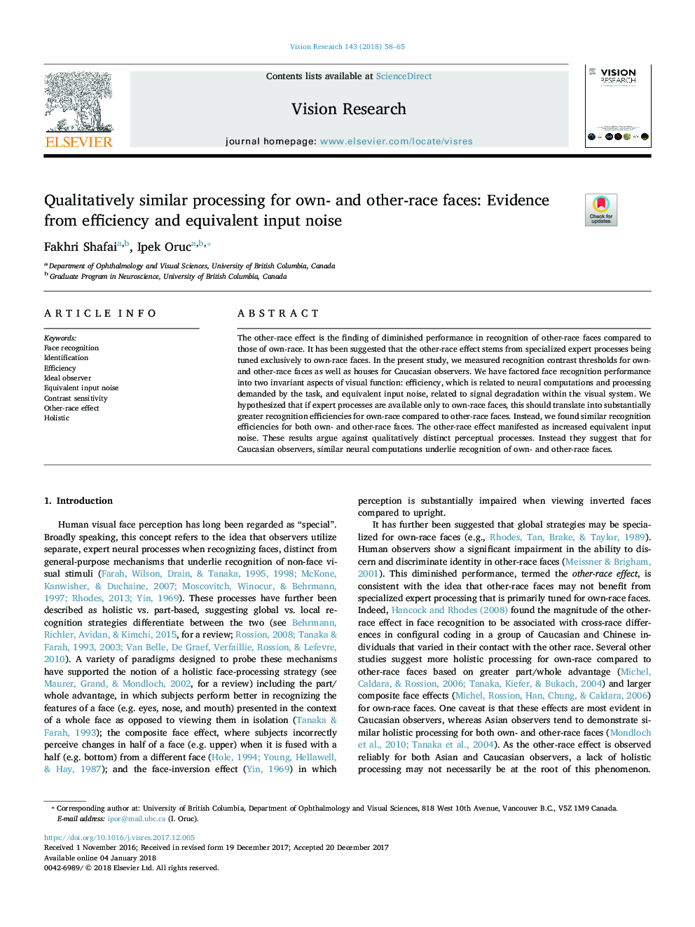 Qualitatively similar processing for own- and other-race faces: Evidence from efficiency and equivalent input noise