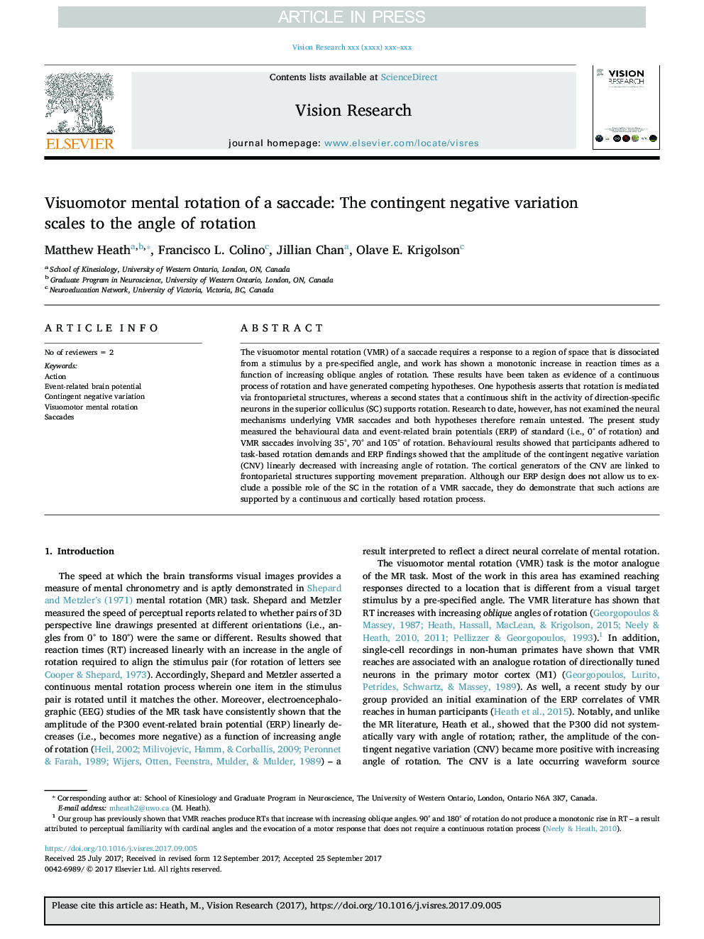 Visuomotor mental rotation of a saccade: The contingent negative variation scales to the angle of rotation