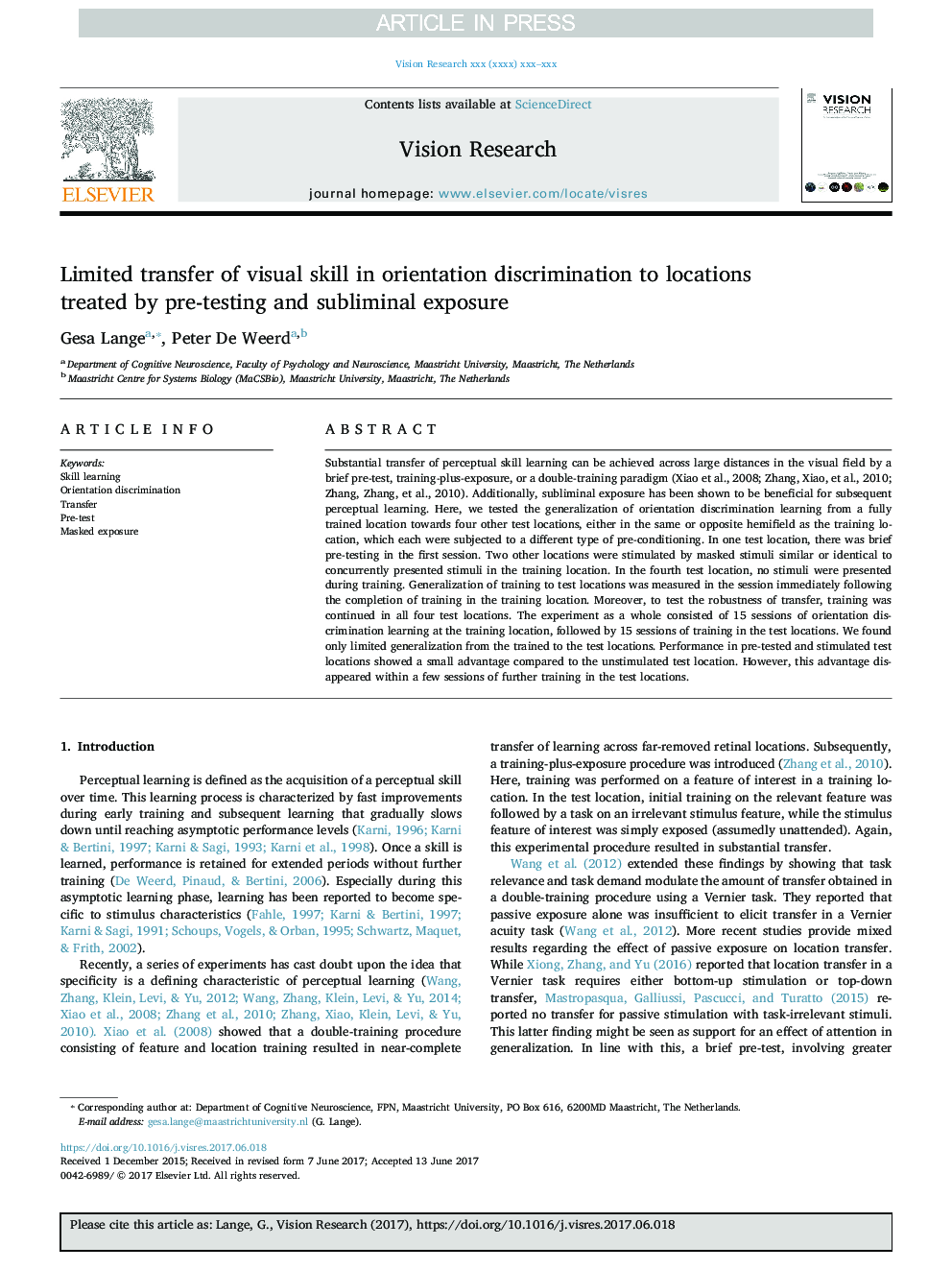 Limited transfer of visual skill in orientation discrimination to locations treated by pre-testing and subliminal exposure