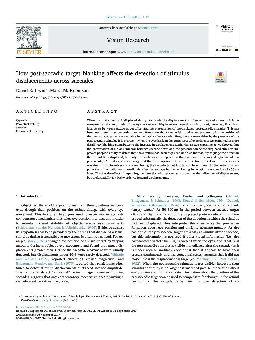 How post-saccadic target blanking affects the detection of stimulus displacements across saccades