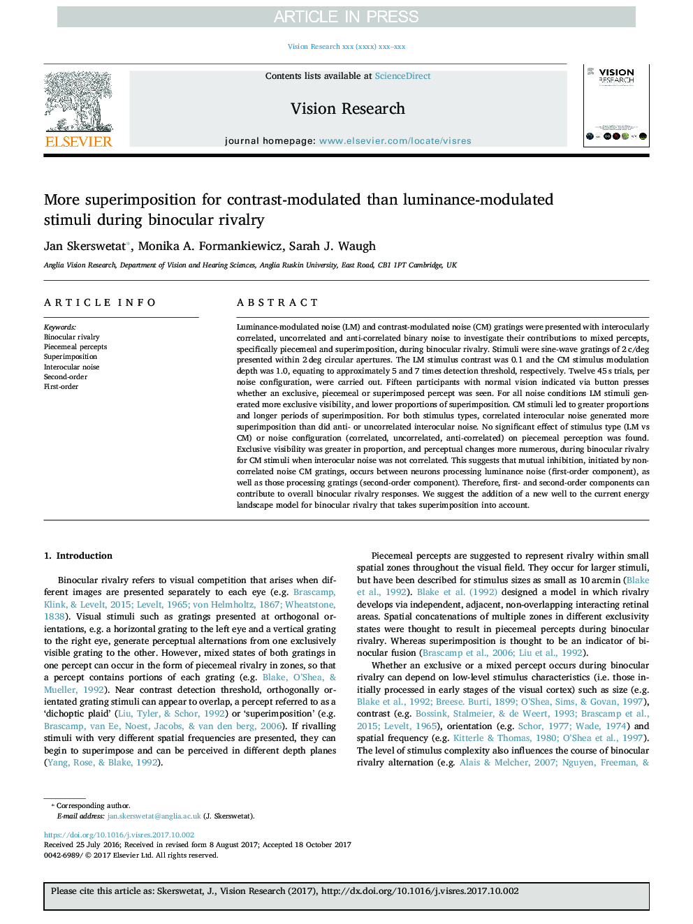 More superimposition for contrast-modulated than luminance-modulated stimuli during binocular rivalry