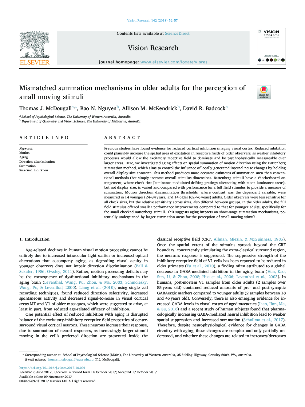 Mismatched summation mechanisms in older adults for the perception of small moving stimuli