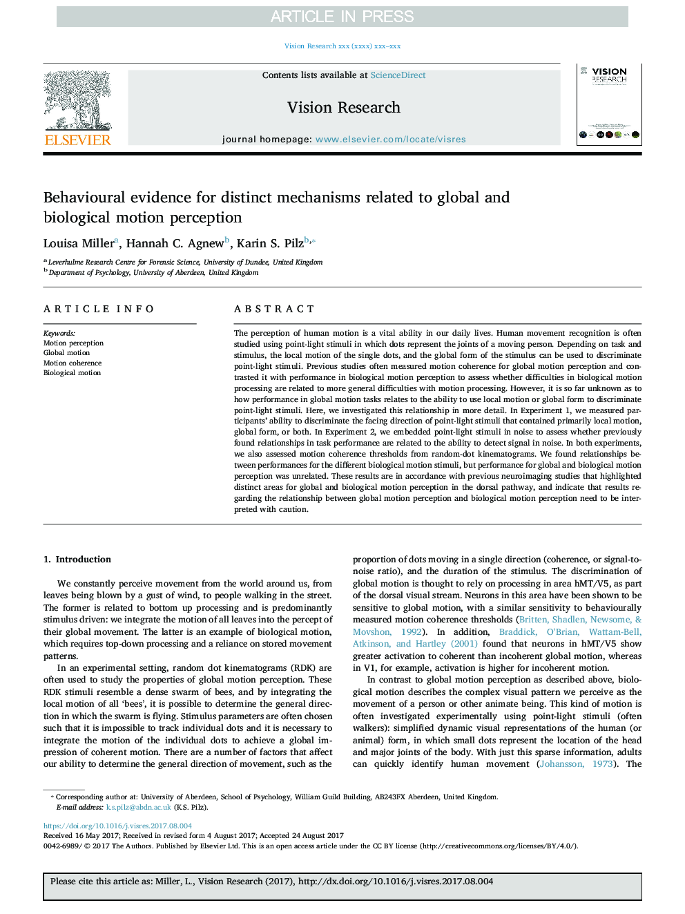 Behavioural evidence for distinct mechanisms related to global and biological motion perception