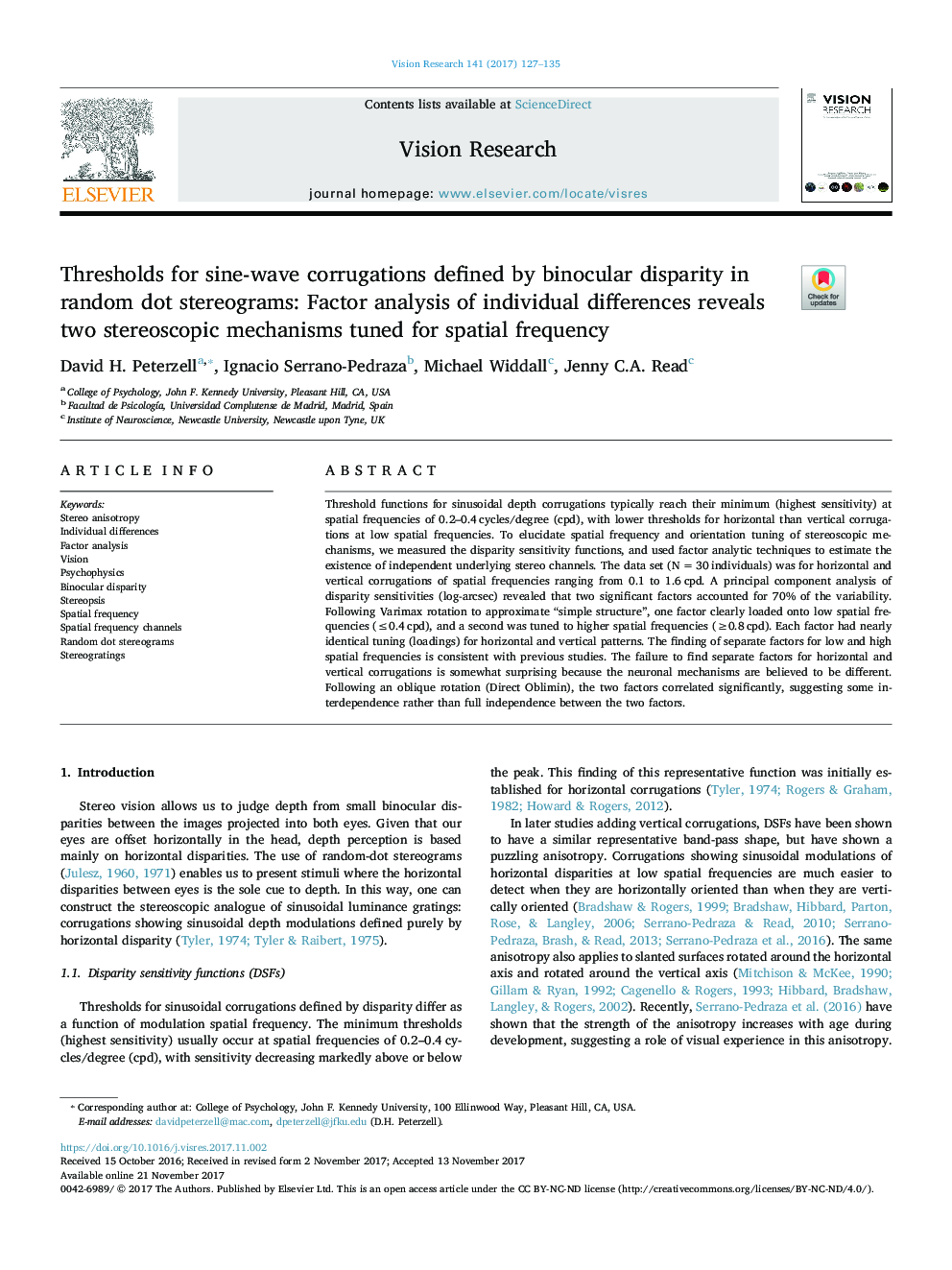 Thresholds for sine-wave corrugations defined by binocular disparity in random dot stereograms: Factor analysis of individual differences reveals two stereoscopic mechanisms tuned for spatial frequency