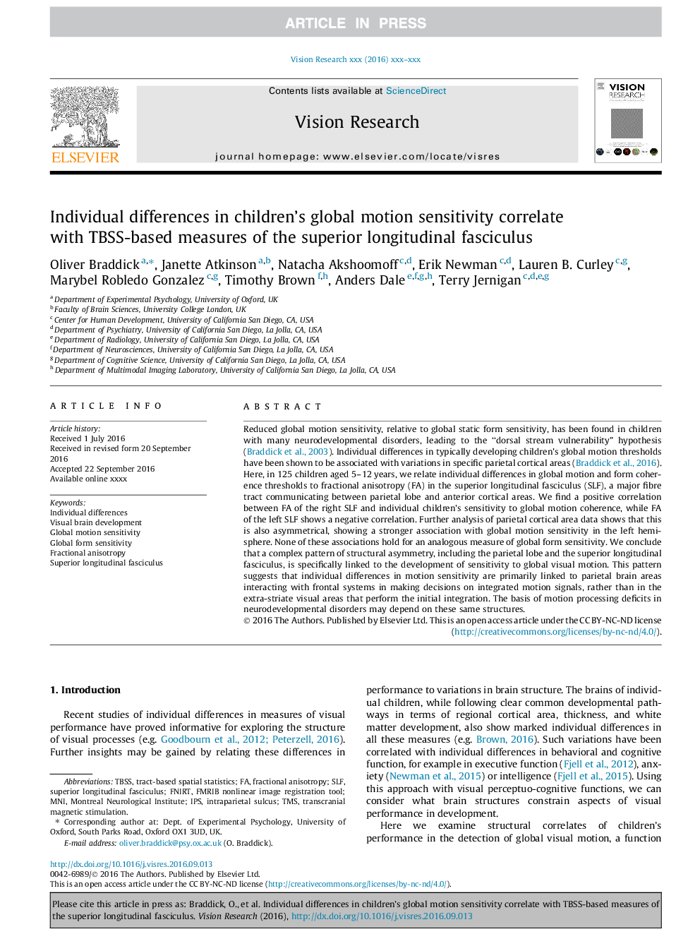 Individual differences in children's global motion sensitivity correlate with TBSS-based measures of the superior longitudinal fasciculus