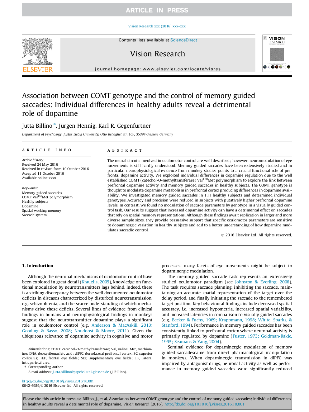 Association between COMT genotype and the control of memory guided saccades: Individual differences in healthy adults reveal a detrimental role of dopamine