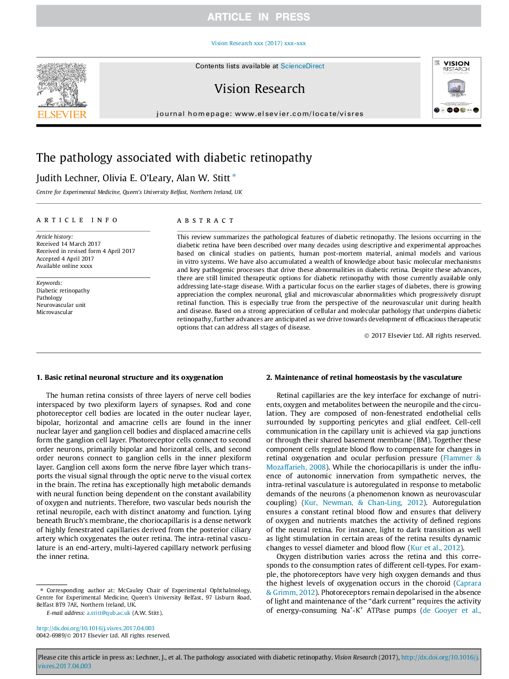 The pathology associated with diabetic retinopathy