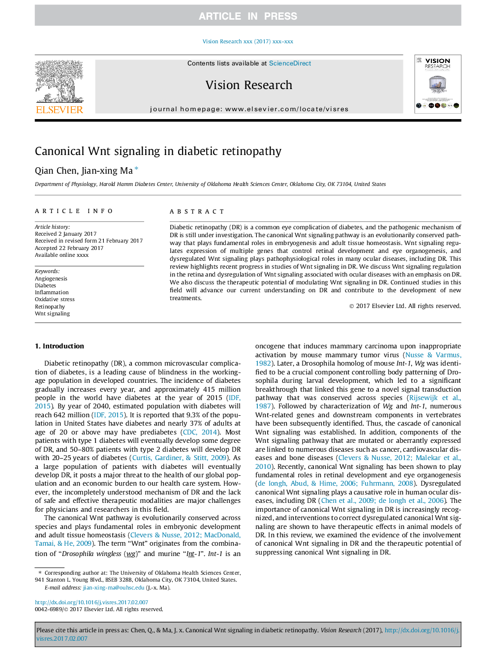 Canonical Wnt signaling in diabetic retinopathy