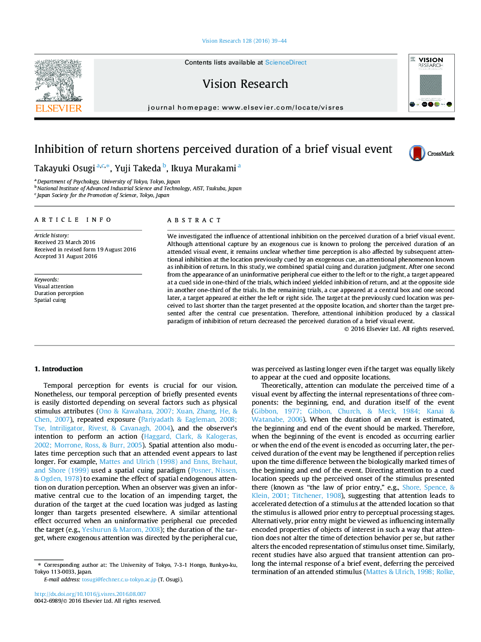 Inhibition of return shortens perceived duration of a brief visual event