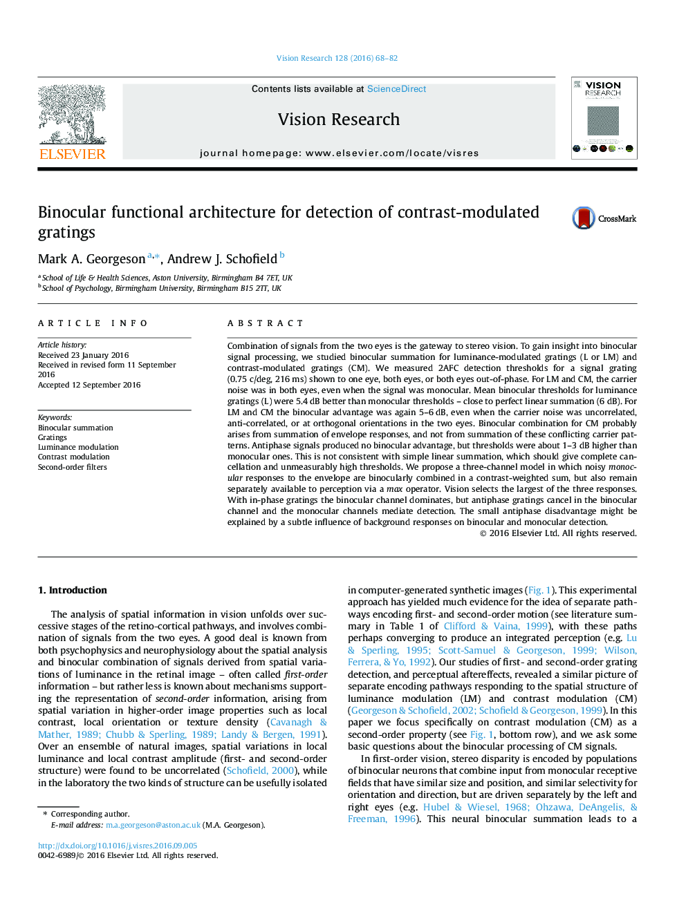 Binocular functional architecture for detection of contrast-modulated gratings