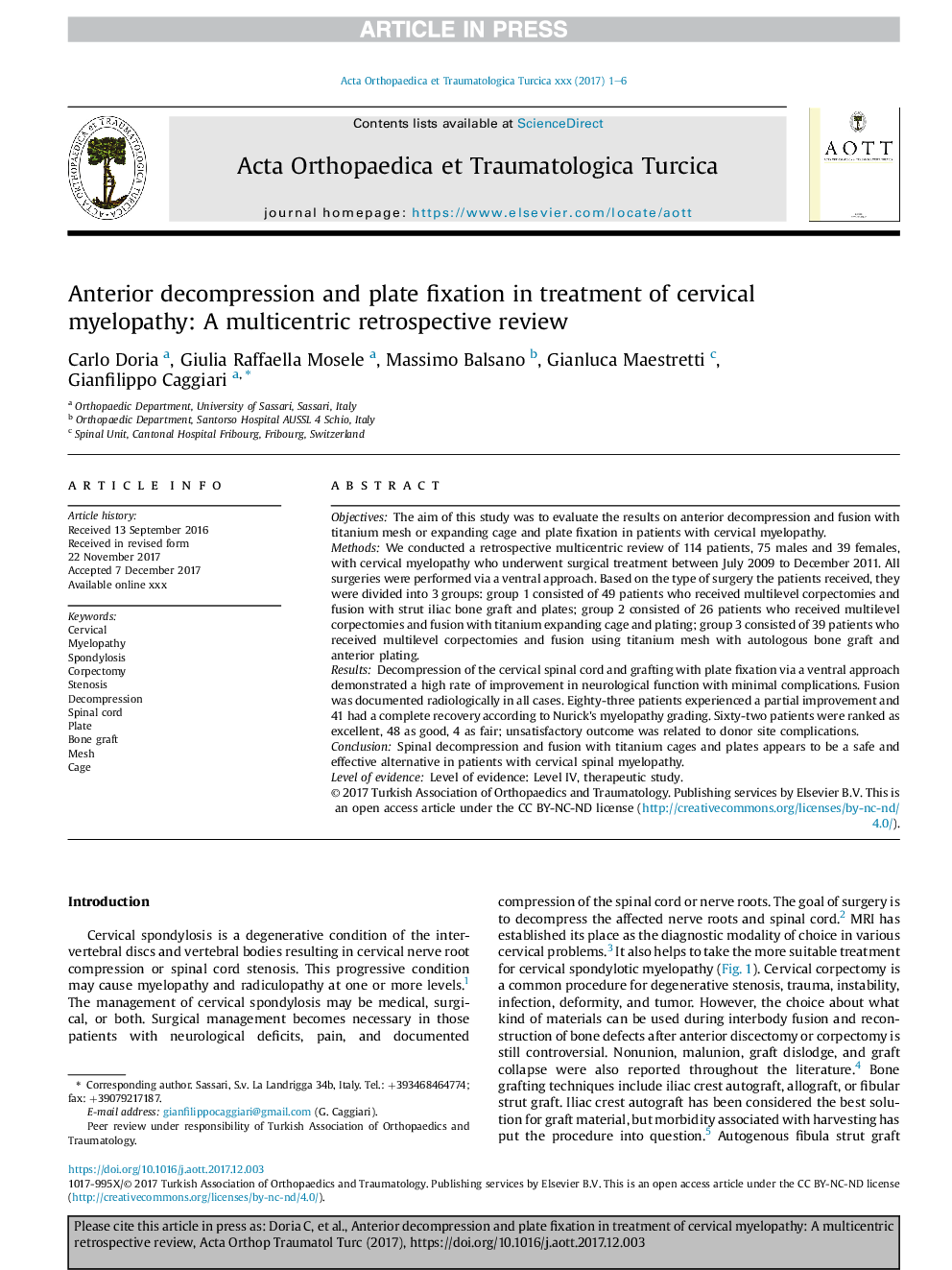 Anterior decompression and plate fixation in treatment of cervical myelopathy: A multicentric retrospective review