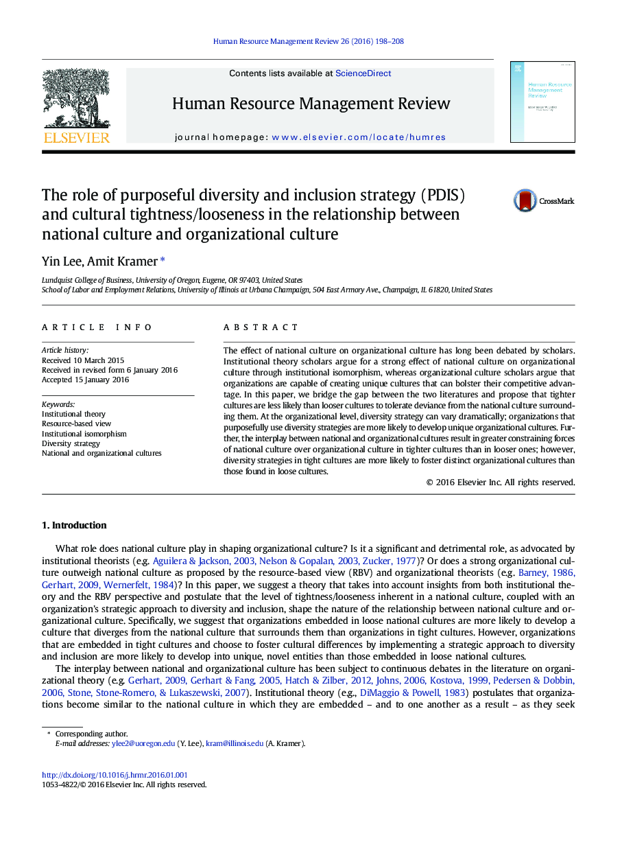 The role of purposeful diversity and inclusion strategy (PDIS) and cultural tightness/looseness in the relationship between national culture and organizational culture