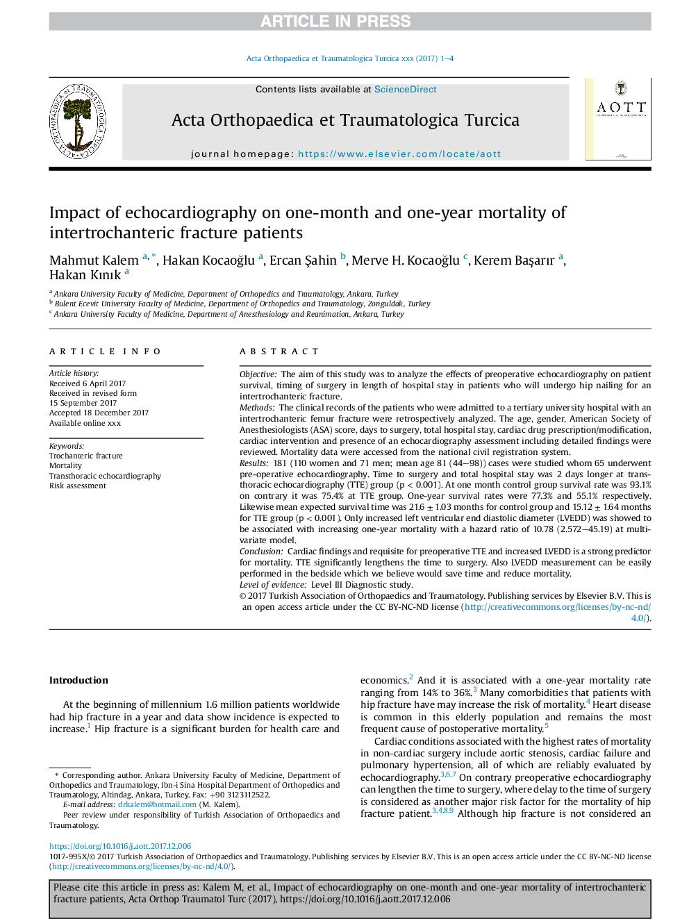 Impact of echocardiography on one-month and one-year mortality of intertrochanteric fracture patients