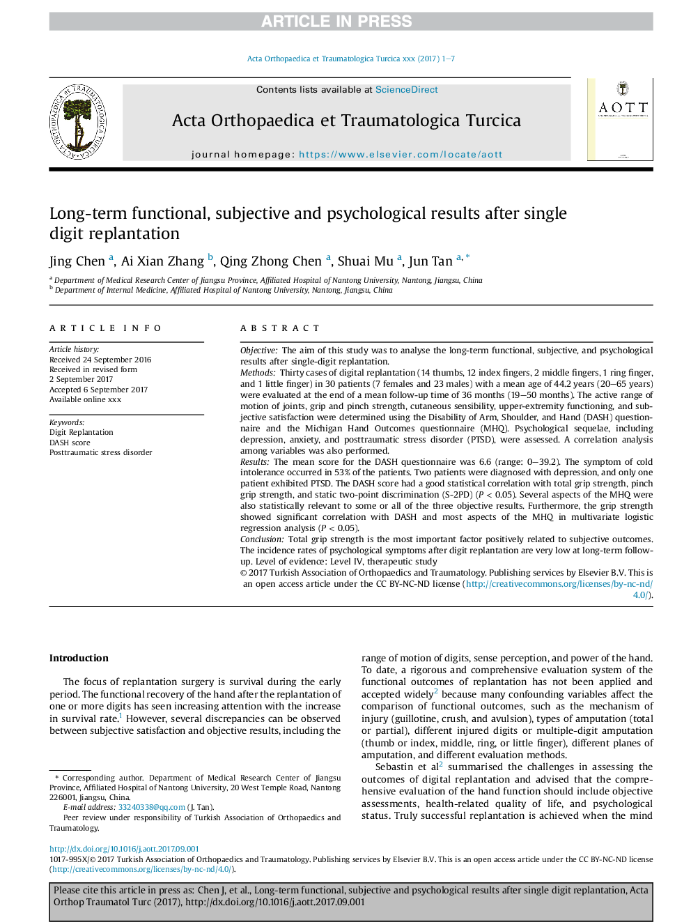 Long-term functional, subjective and psychological results after single digit replantation