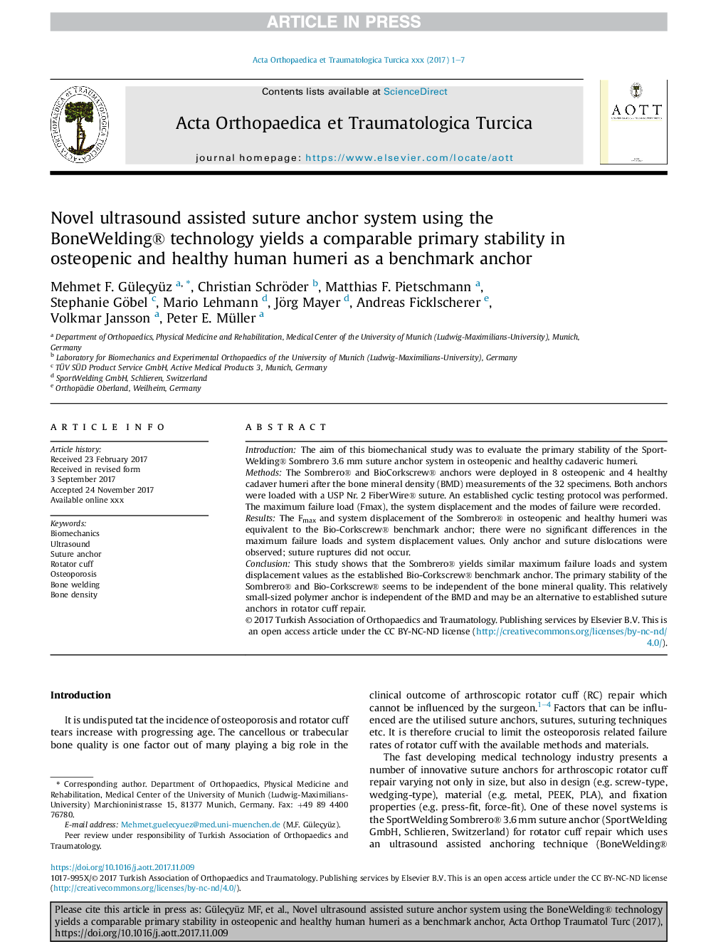 Novel ultrasound assisted suture anchor system using the BoneWelding® technology yields a comparable primary stability in osteopenic and healthy human humeri as a benchmark anchor