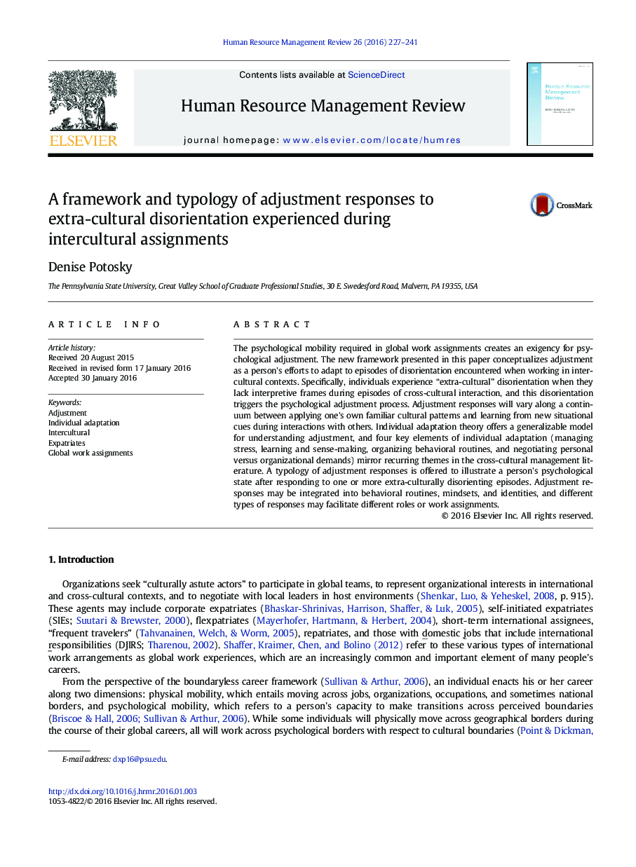 A framework and typology of adjustment responses to extra-cultural disorientation experienced during intercultural assignments