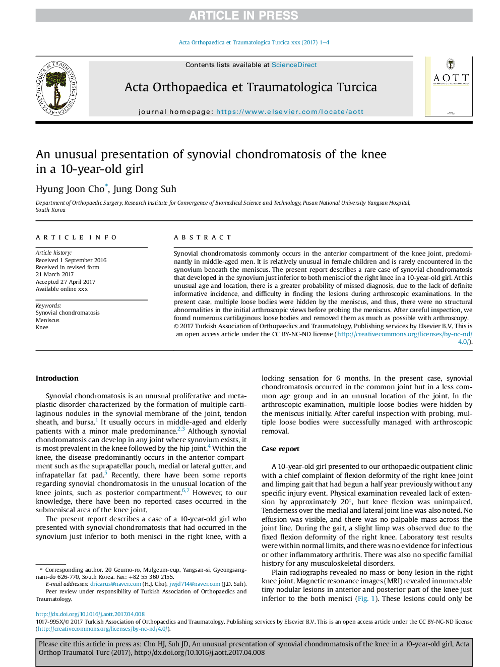 An unusual presentation of synovial chondromatosis of the knee in a 10-year-old girl