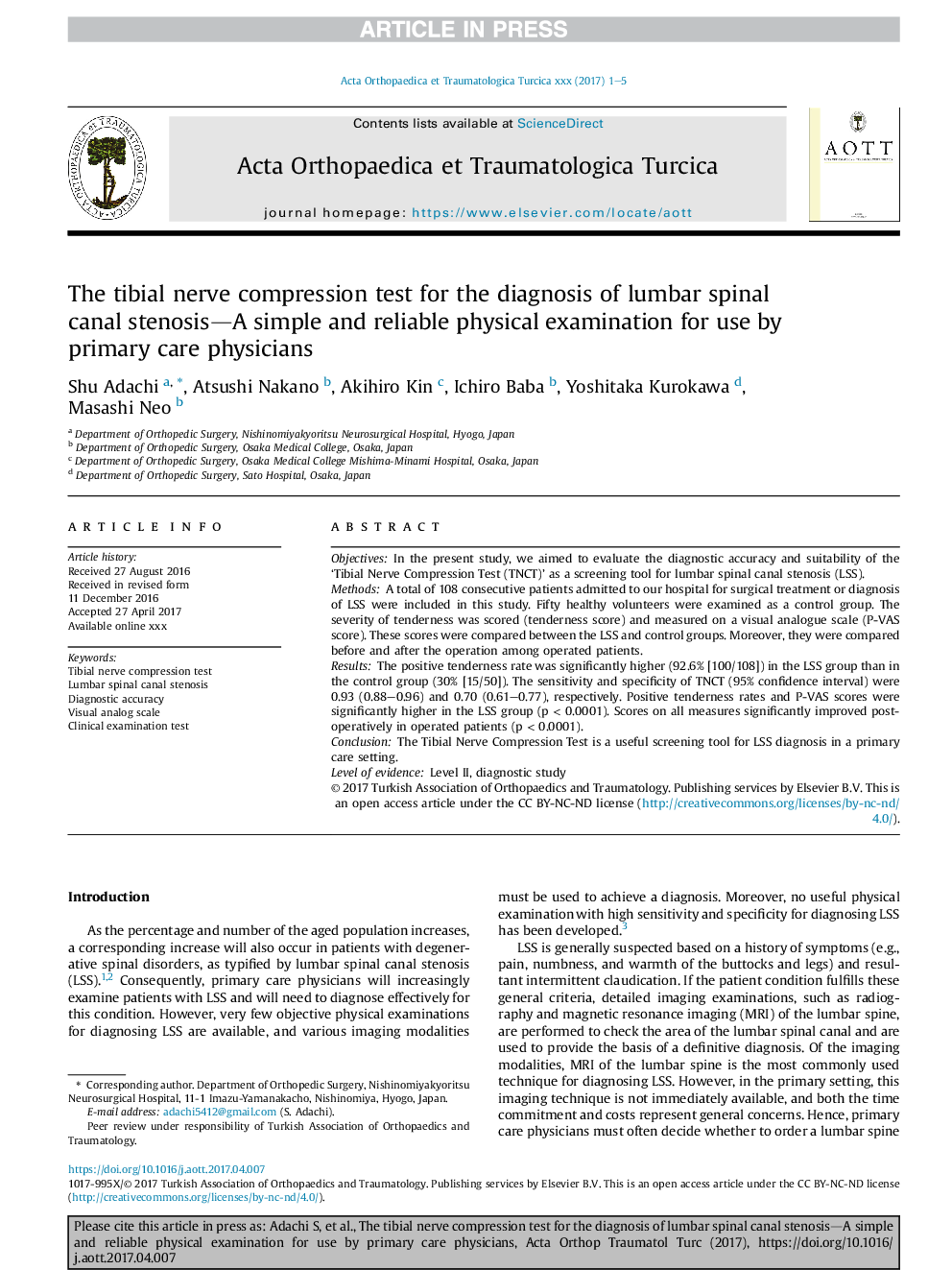 The tibial nerve compression test for the diagnosis of lumbar spinal canal stenosis-A simple and reliable physical examination for use by primary care physicians