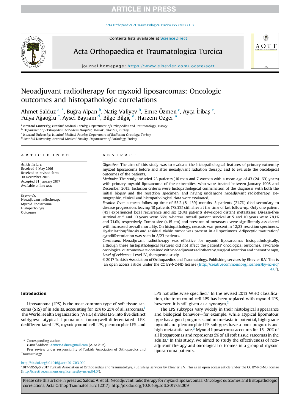 Neoadjuvant radiotherapy for myxoid liposarcomas: Oncologic outcomes and histopathologic correlations