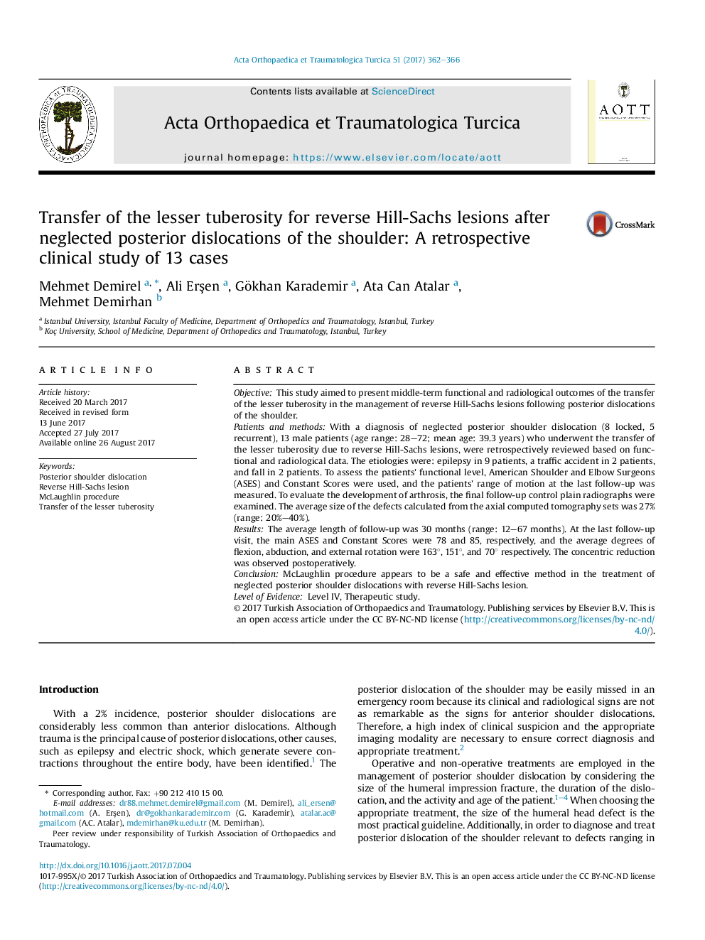 Transfer of the lesser tuberosity for reverse Hill-Sachs lesions after neglected posterior dislocations of the shoulder: A retrospective clinical study of 13 cases