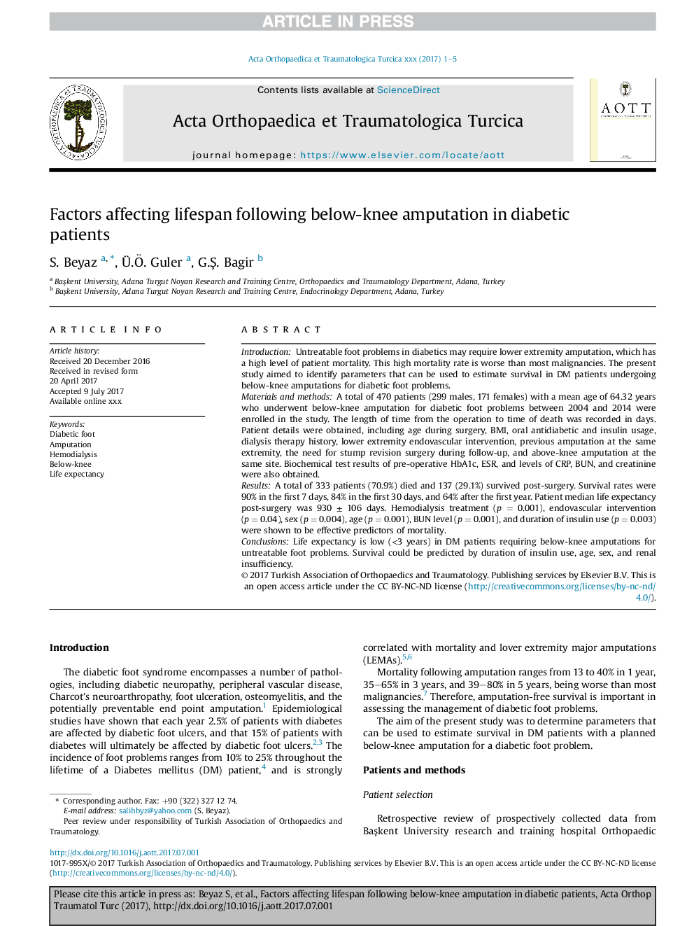 Factors affecting lifespan following below-knee amputation in diabetic patients