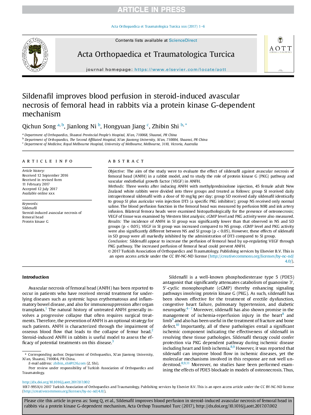 Sildenafil improves blood perfusion in steroid-induced avascular necrosis of femoral head in rabbits via a protein kinase G-dependent mechanism