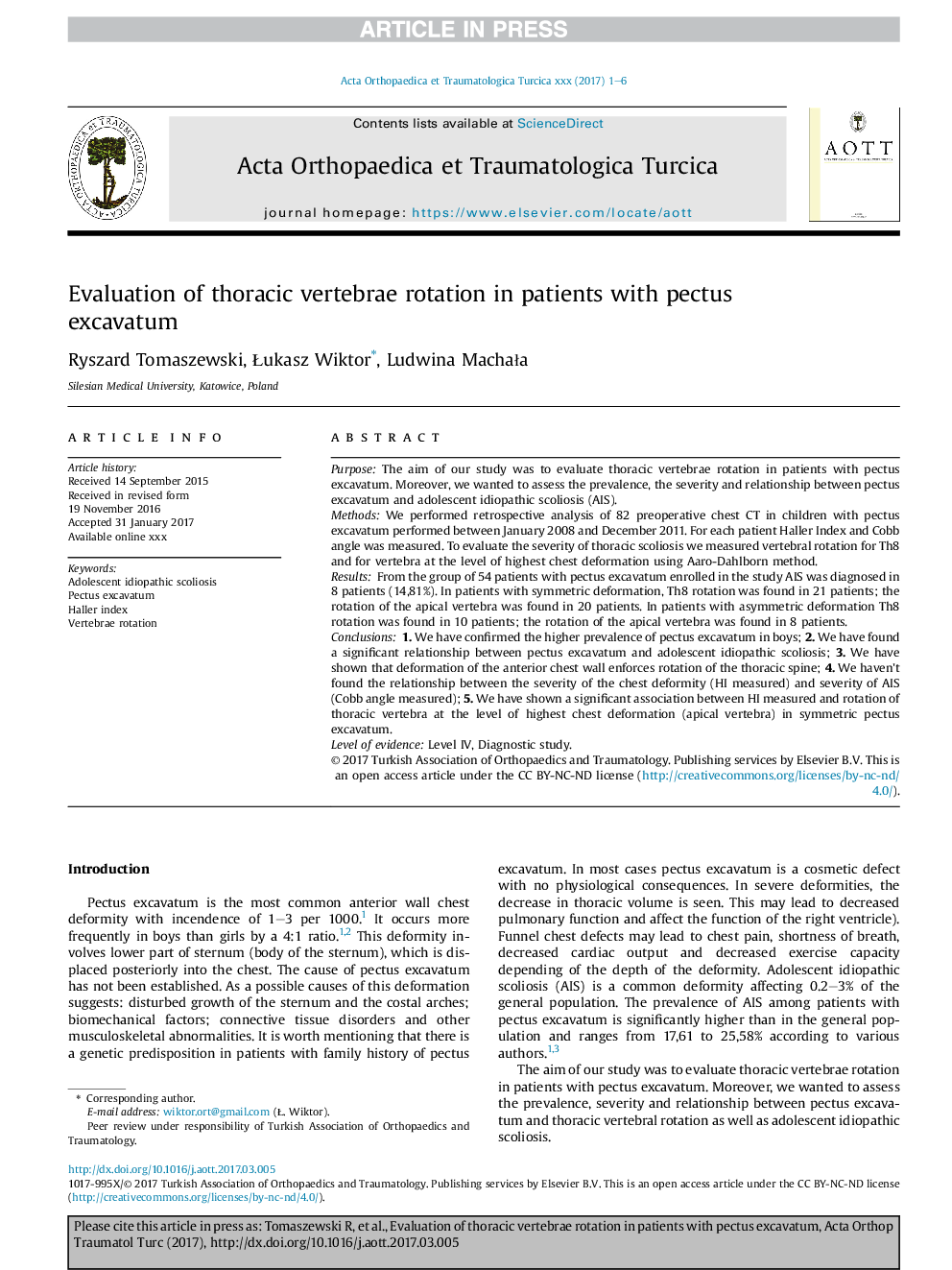 Evaluation of thoracic vertebrae rotation in patients with pectus excavatum