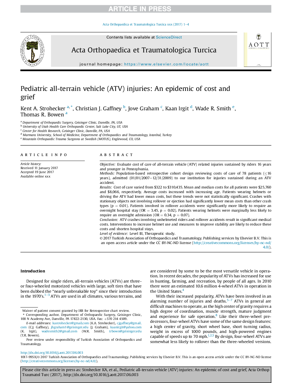 Pediatric all-terrain vehicle (ATV) injuries: An epidemic of cost and grief