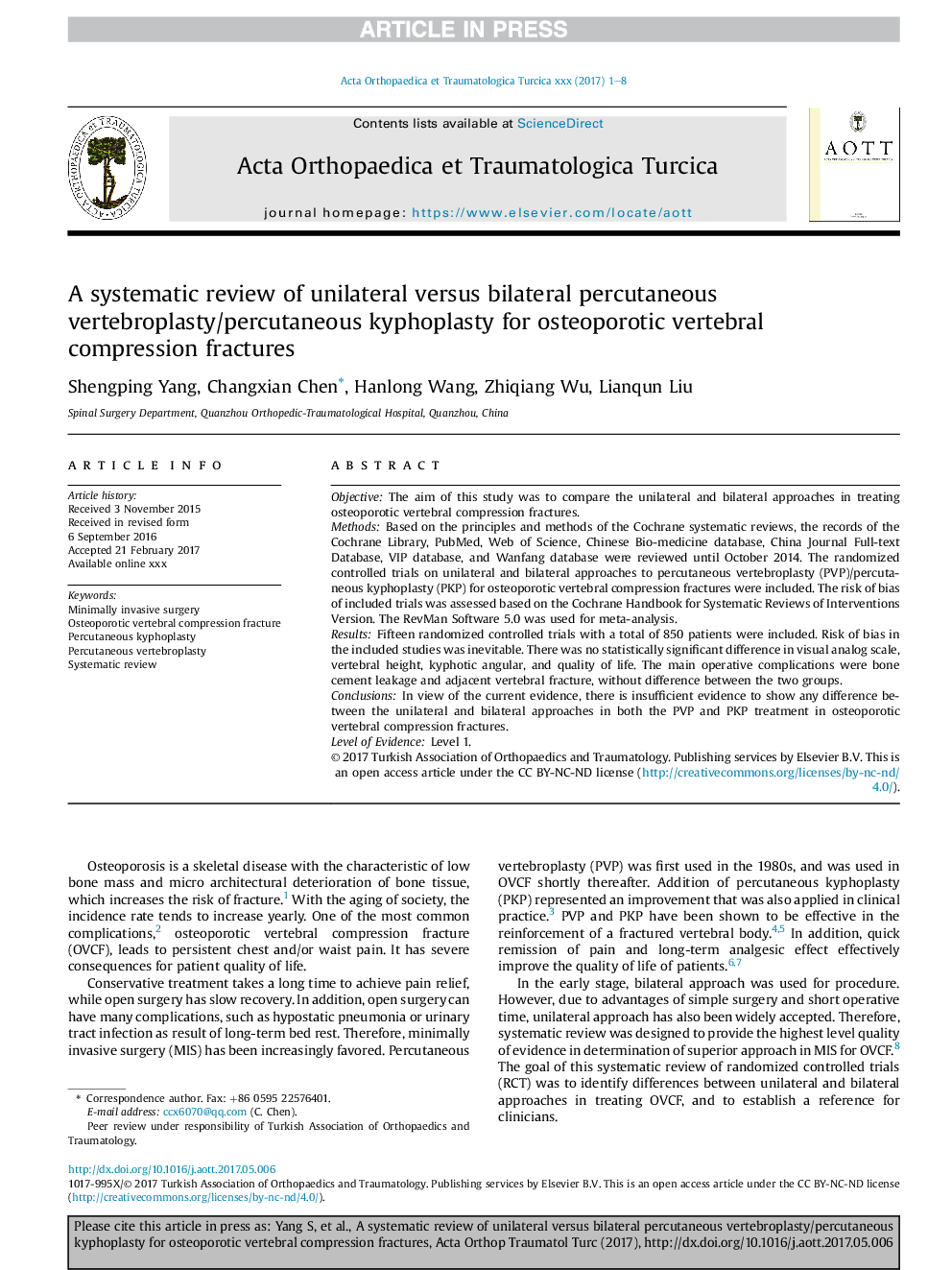 A systematic review of unilateral versus bilateral percutaneous vertebroplasty/percutaneous kyphoplasty for osteoporotic vertebral compression fractures