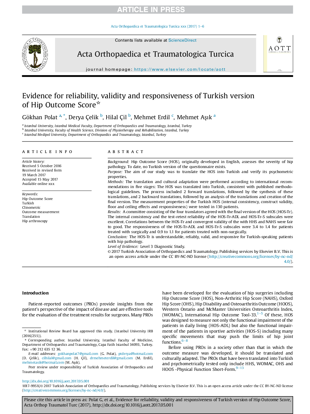 Evidence for reliability, validity and responsiveness of Turkish version of Hip Outcome Score