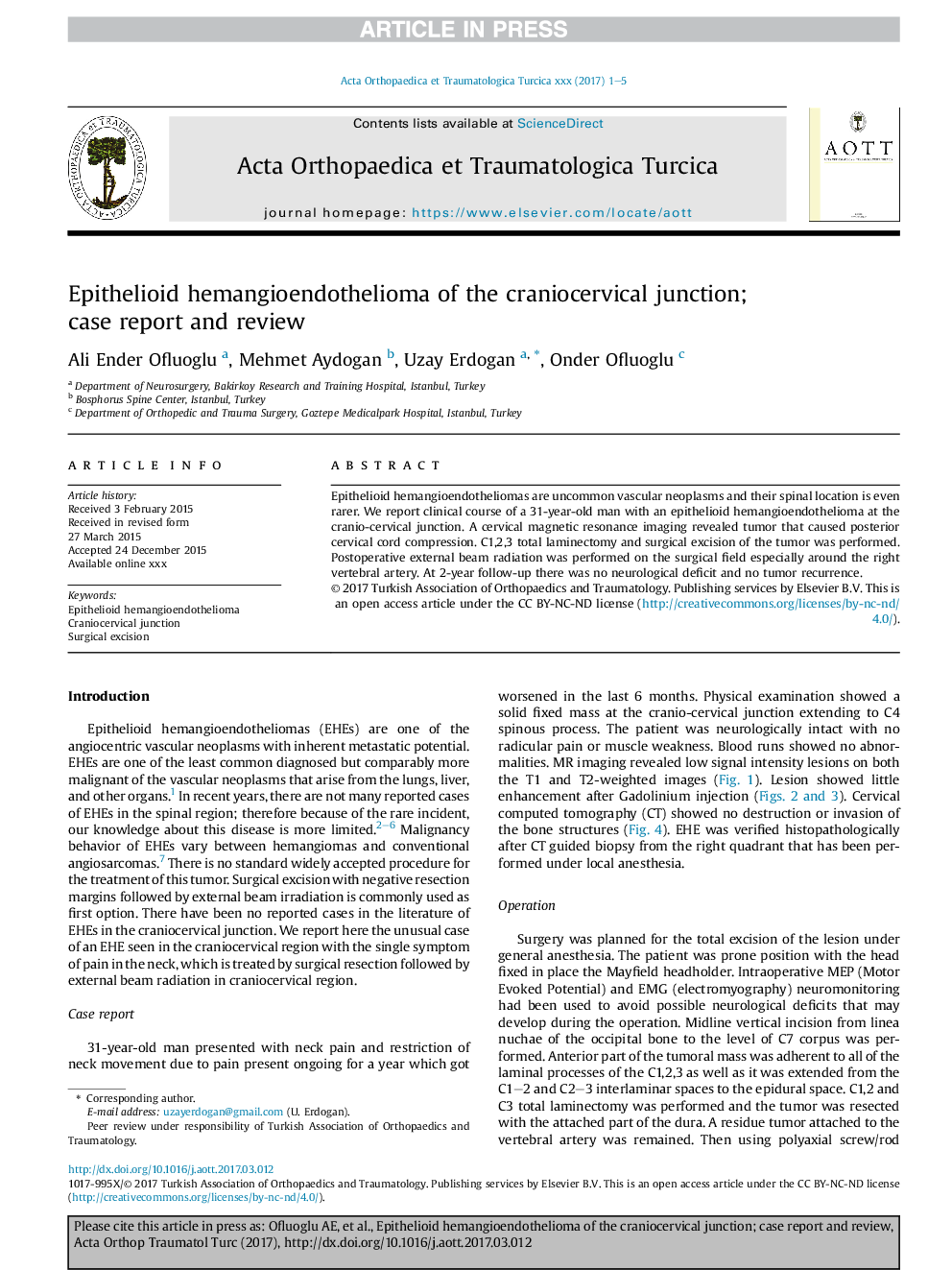 Epithelioid hemangioendothelioma of the craniocervical junction; case report and review