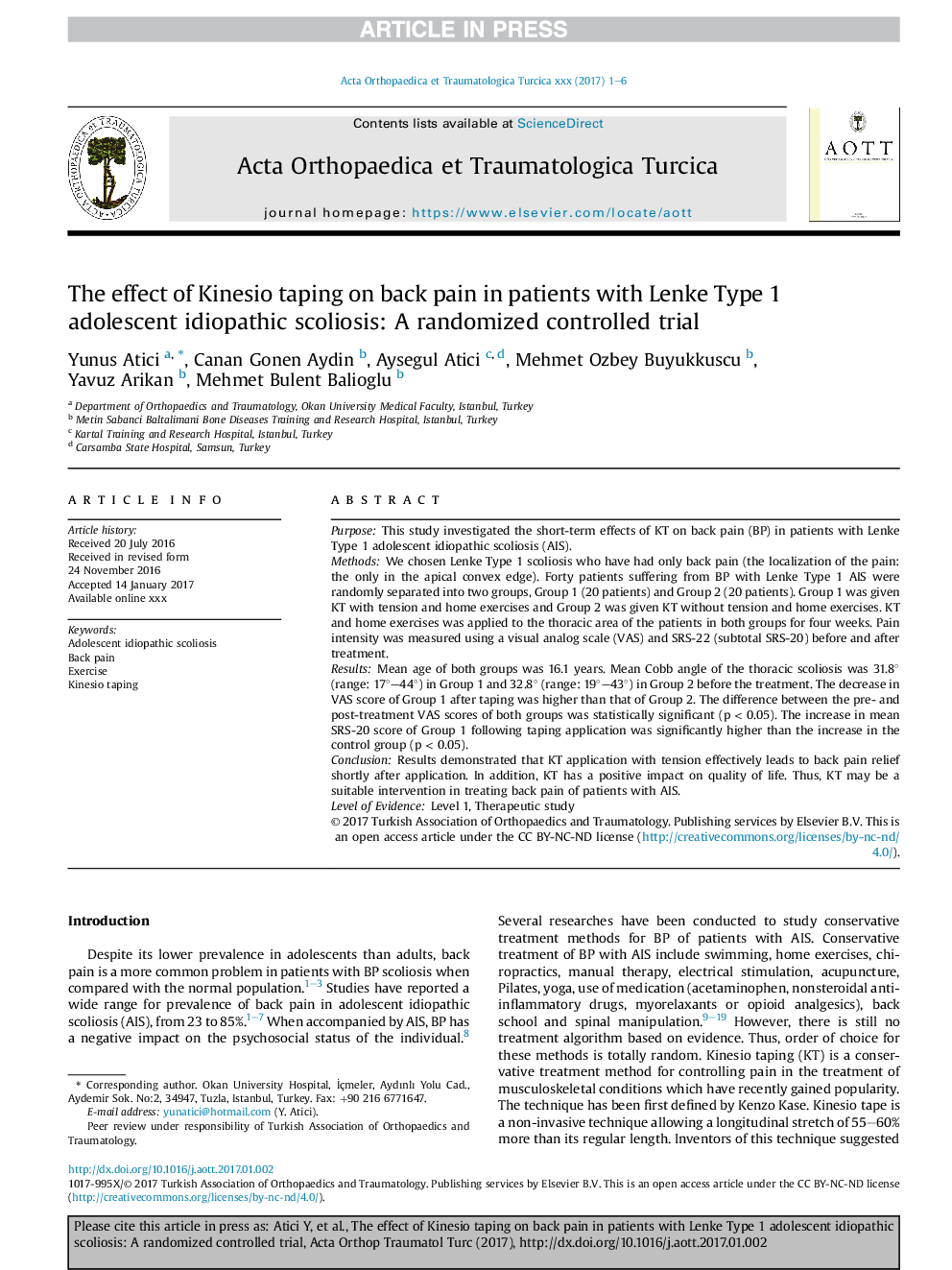 The effect of Kinesio taping on back pain in patients with Lenke Type 1 adolescent idiopathic scoliosis: A randomized controlled trial