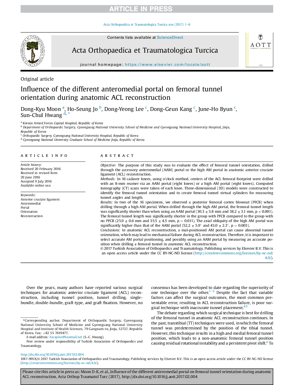 Influence of the different anteromedial portal on femoral tunnel orientation during anatomic ACL reconstruction