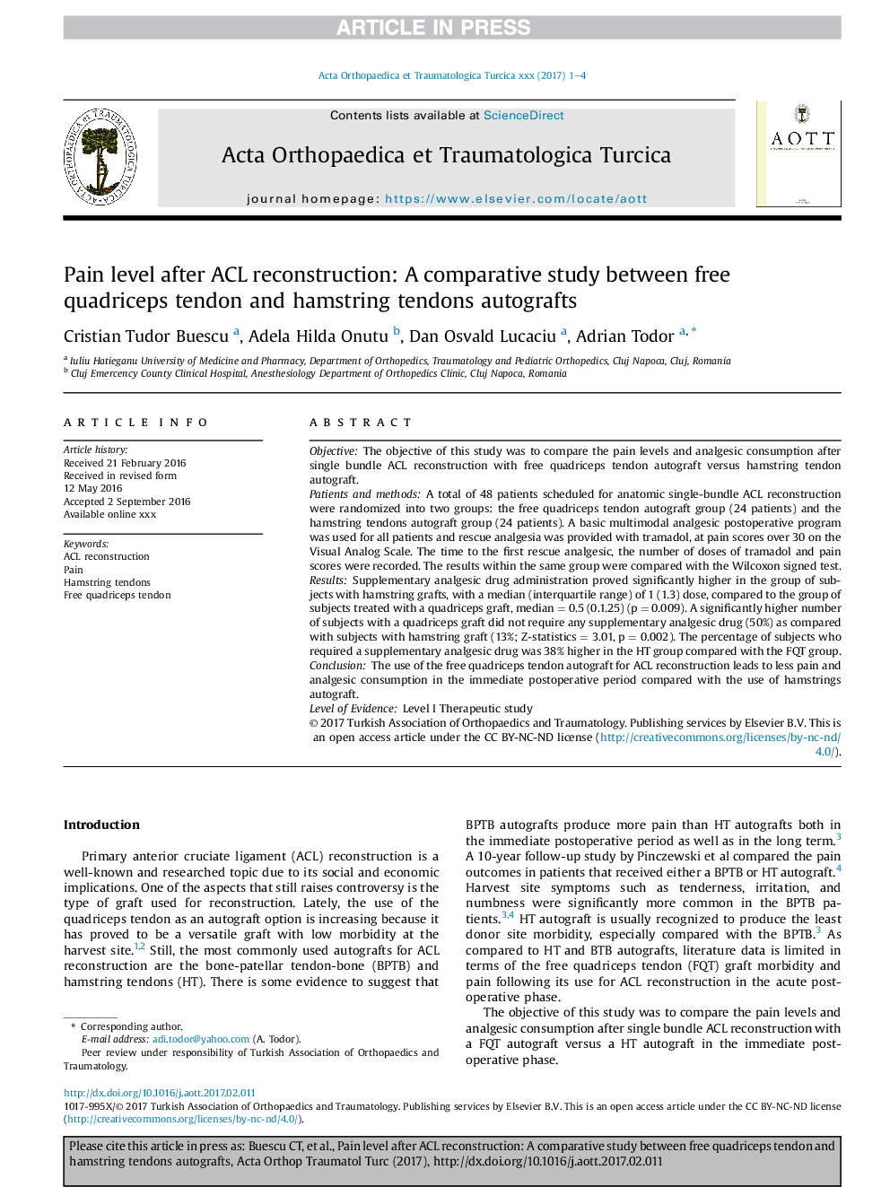 Pain level after ACL reconstruction: A comparative study between free quadriceps tendon and hamstring tendons autografts