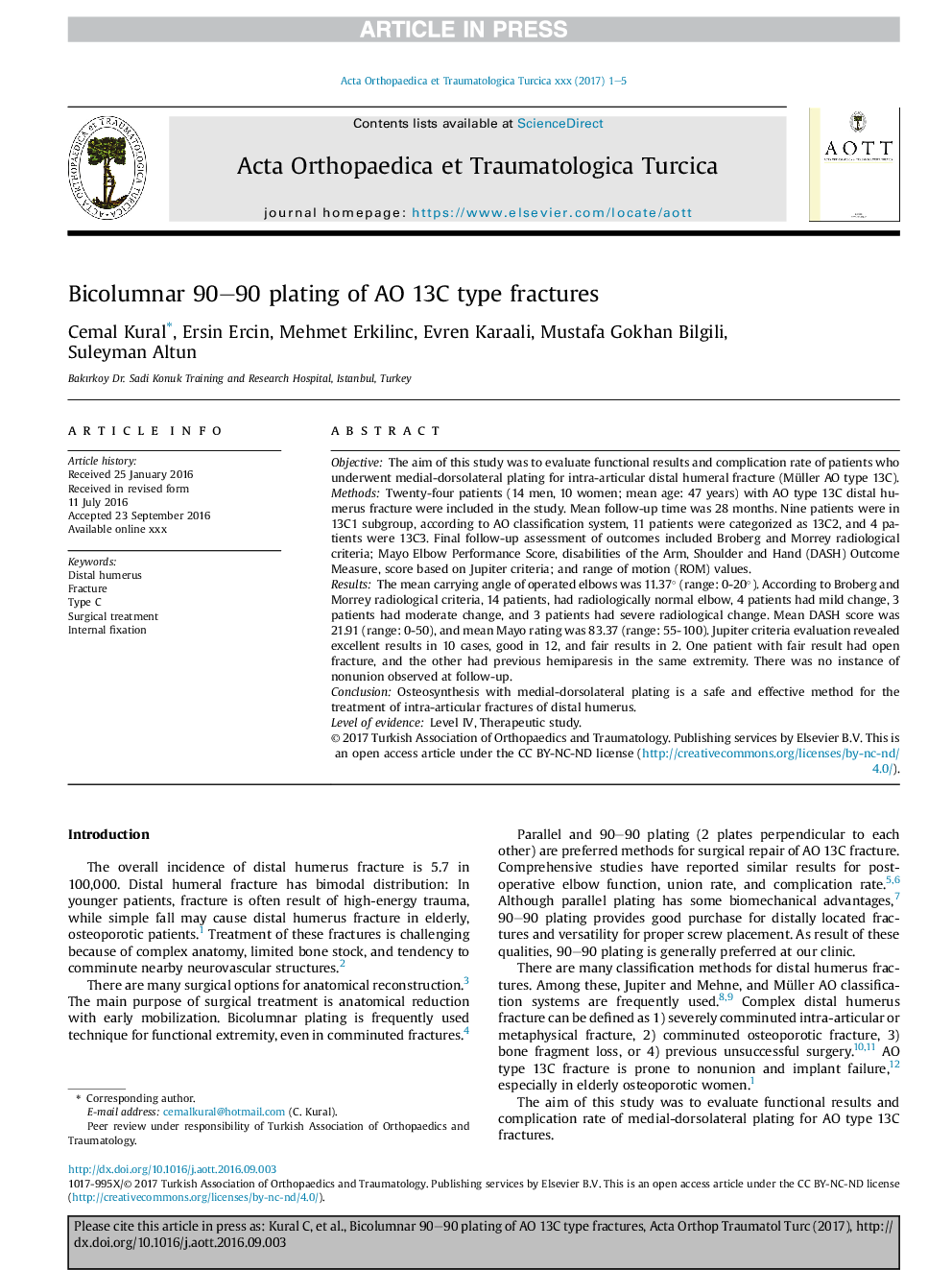 Bicolumnar 90-90 plating of AO 13C type fractures