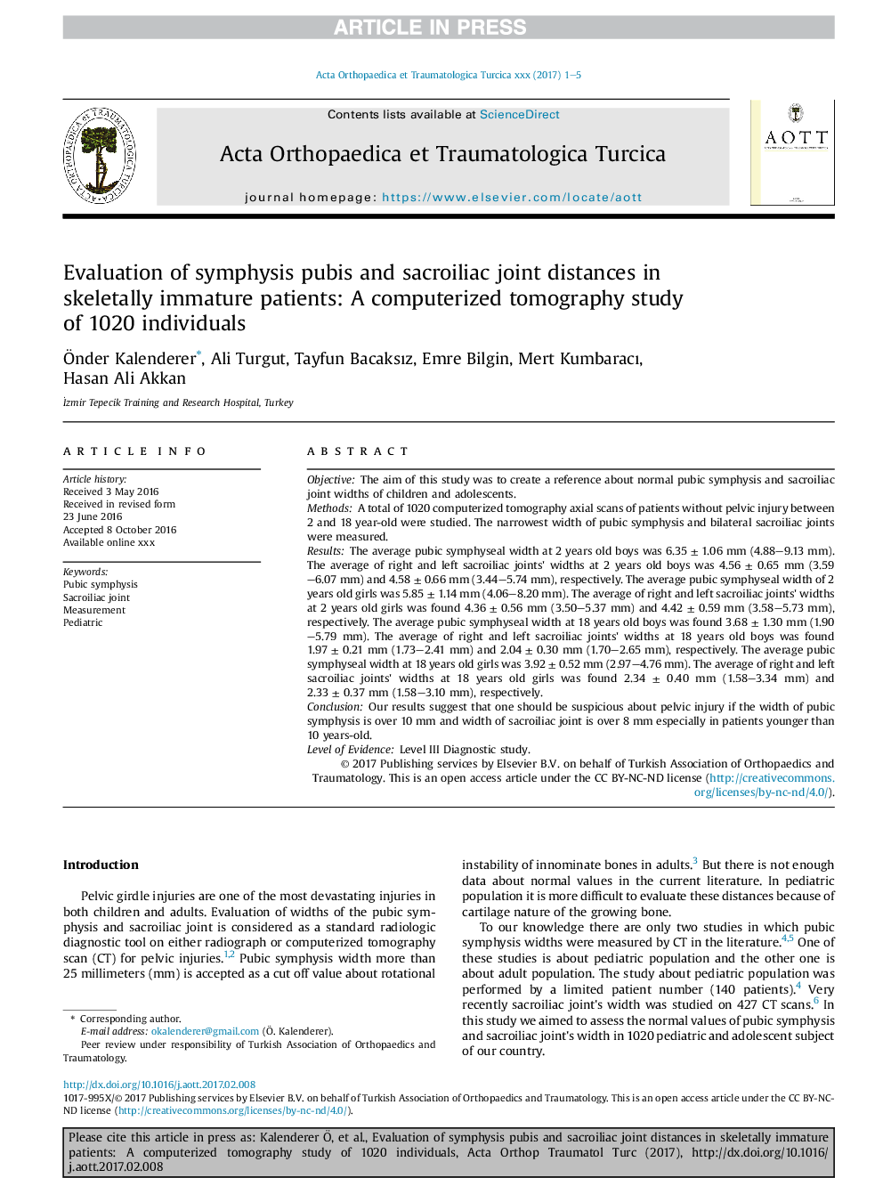 بررسی فاصله مفصلی سمفیز پوبیس و ساکرویلیاک در بیماران نابالغ اسکلتی: یک مطالعه کامپیوتری توموگرافی 1020 فرد 