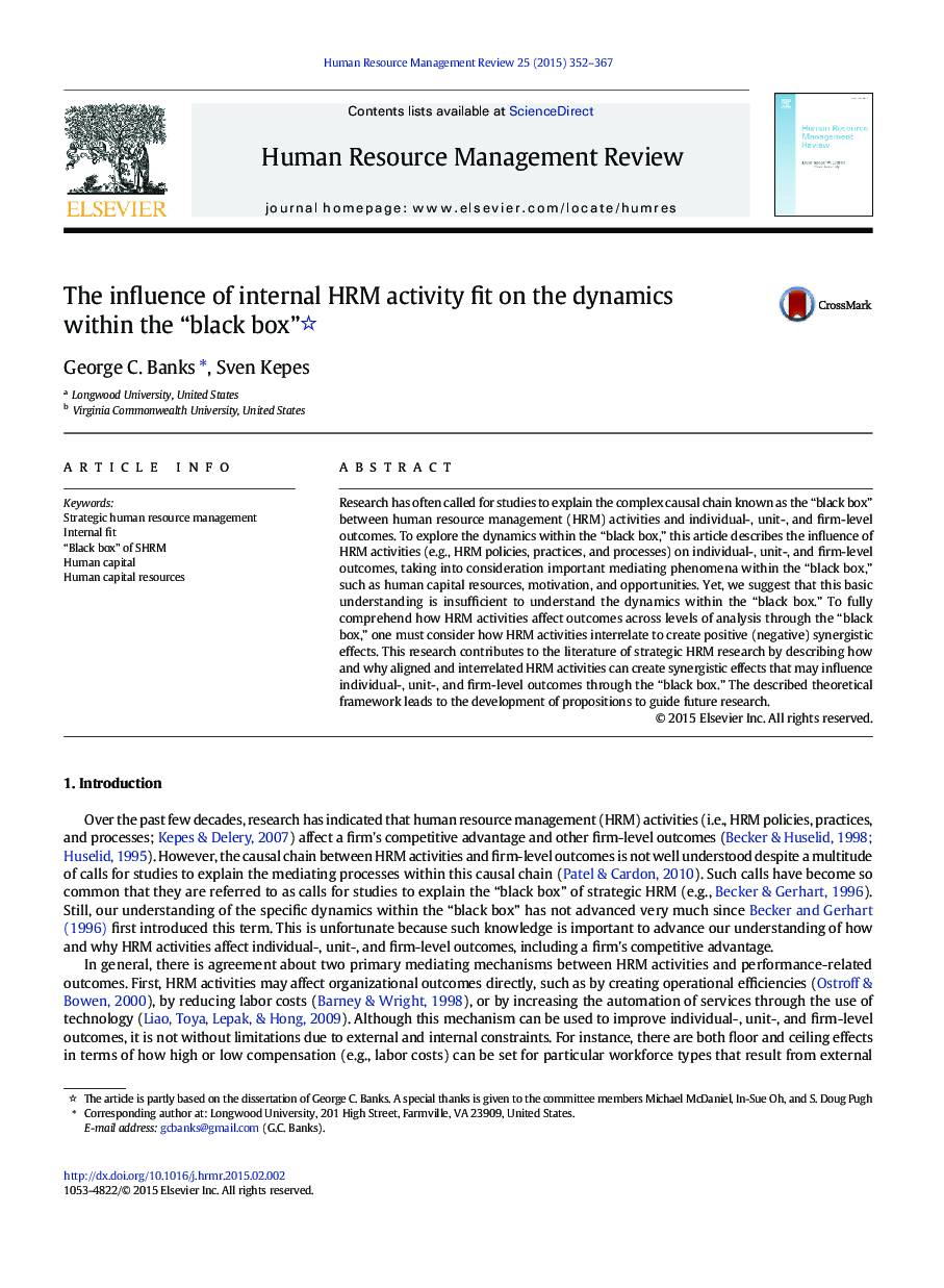 The influence of internal HRM activity fit on the dynamics within the “black box” 