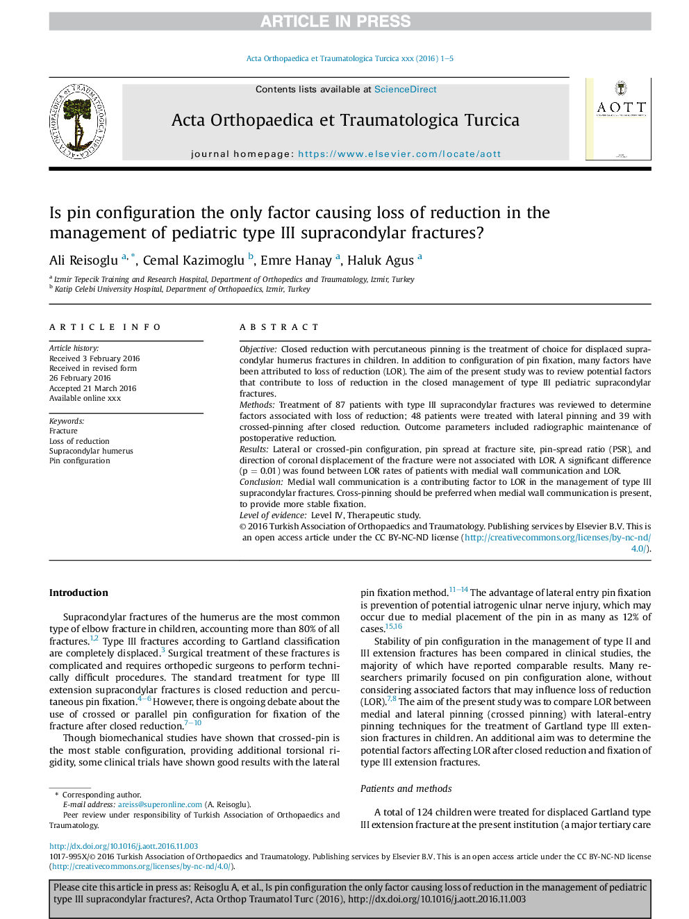 Is pin configuration the only factor causing loss of reduction in the management of pediatric type III supracondylar fractures?